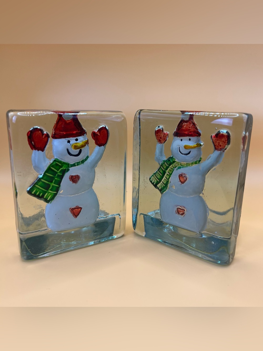 Vintage Fused Art Glass Snowman Block Tealight Votive Candle Holders Set of 2